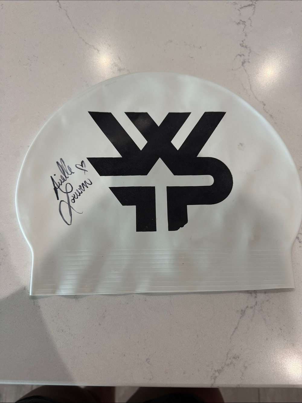 White Silicone Swim Cap with Black Logo